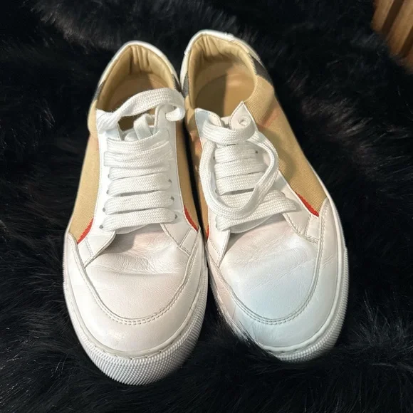 Burberry White and Tan Check Sneakers - Picture 2 of 5